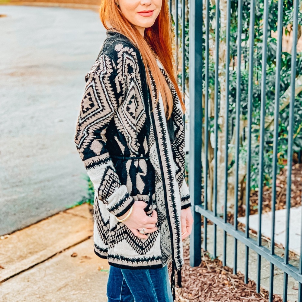 Lovestitch Cardigan Boho Print Open Front Sweater Long Tie Front Black Like New